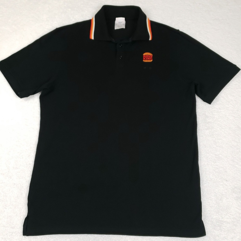Burger King Embroidered Polo Shirt Medium Black Striped Collar Uniform Fast Food